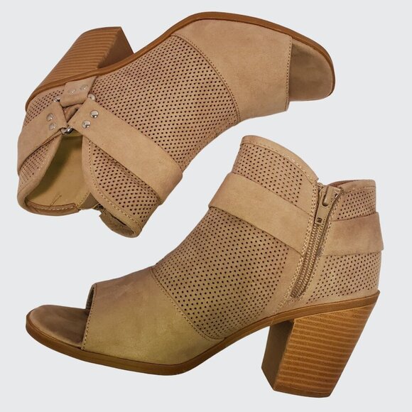 Fergalicious Augustine Open Toe Ankle Booties Side Zipper Entry Tan Size 38 - Picture 3 of 11